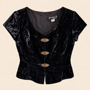 Vintage 90s Hampton Nites Black Crushed Velvet Rhinestone Peplum Top Size 12